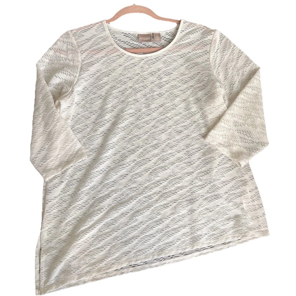 Chicos White Textured Knit Top 3/4 Sleeve Asymmetrical‎ Hem Size 2 Large